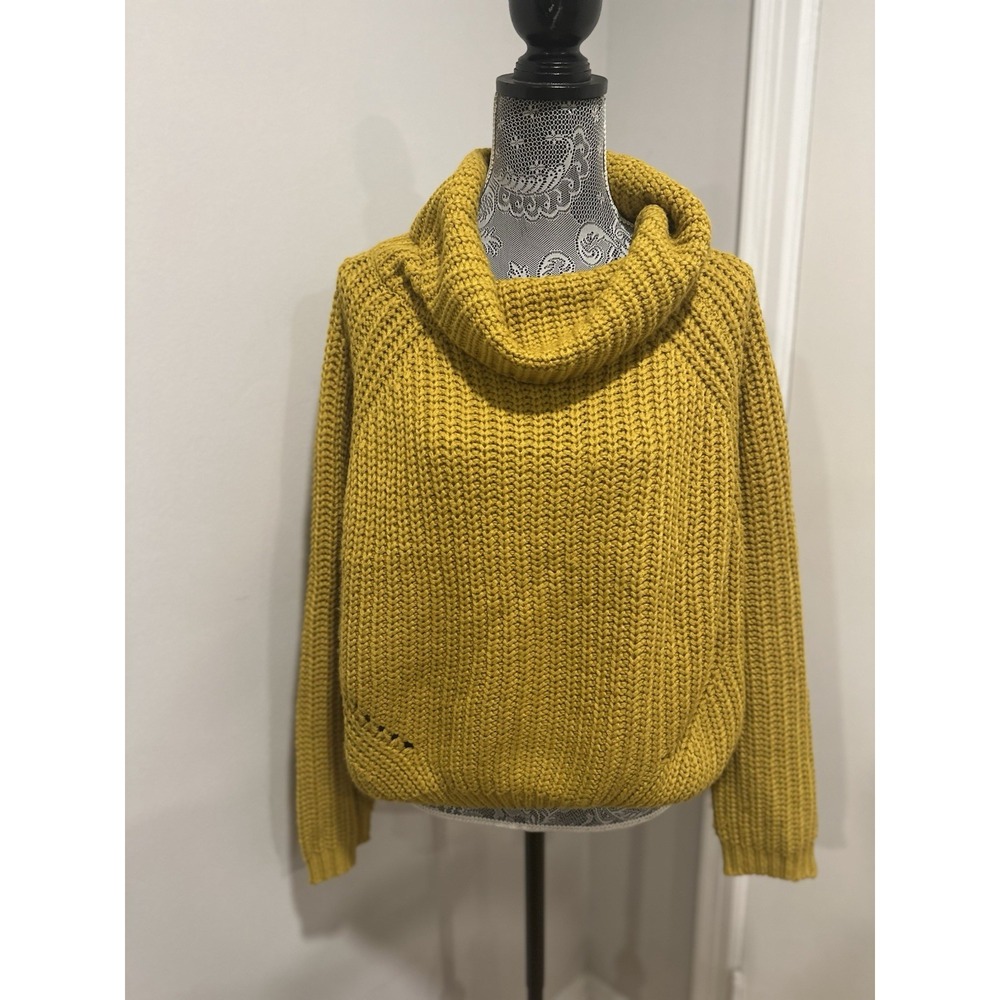 Moon & Madison Boho Chunky Knit Cowl Neck Sweater Sz:L Mustard Yellow Acrylic